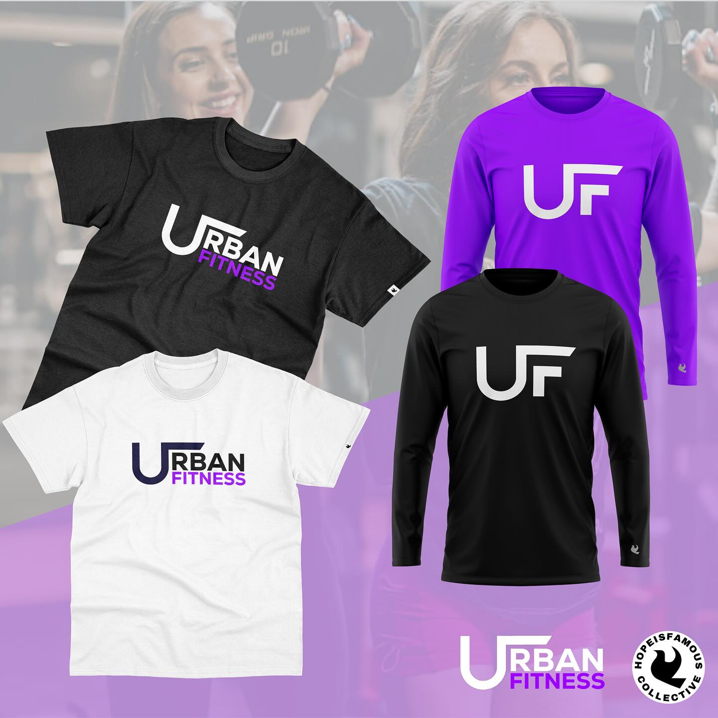 Brand apparel line — tees and long sleeves in three colourways.