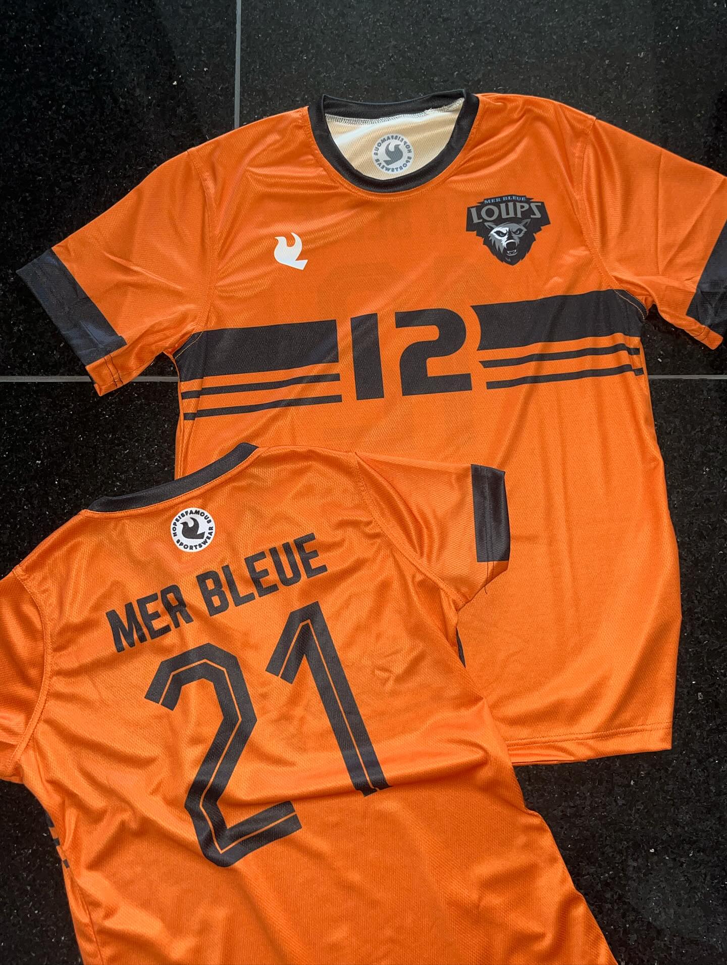 Orange and black jersey set with custom names and numbers.