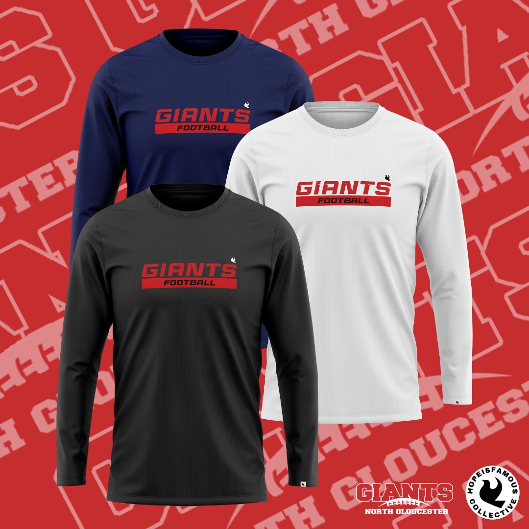 Team long sleeves in navy, white and black.
