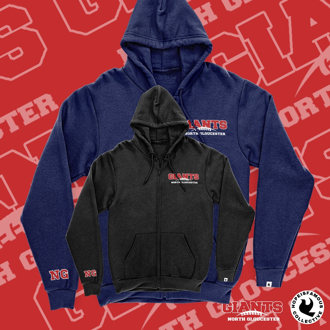 Full-zip team hoodies with sleeve branding.