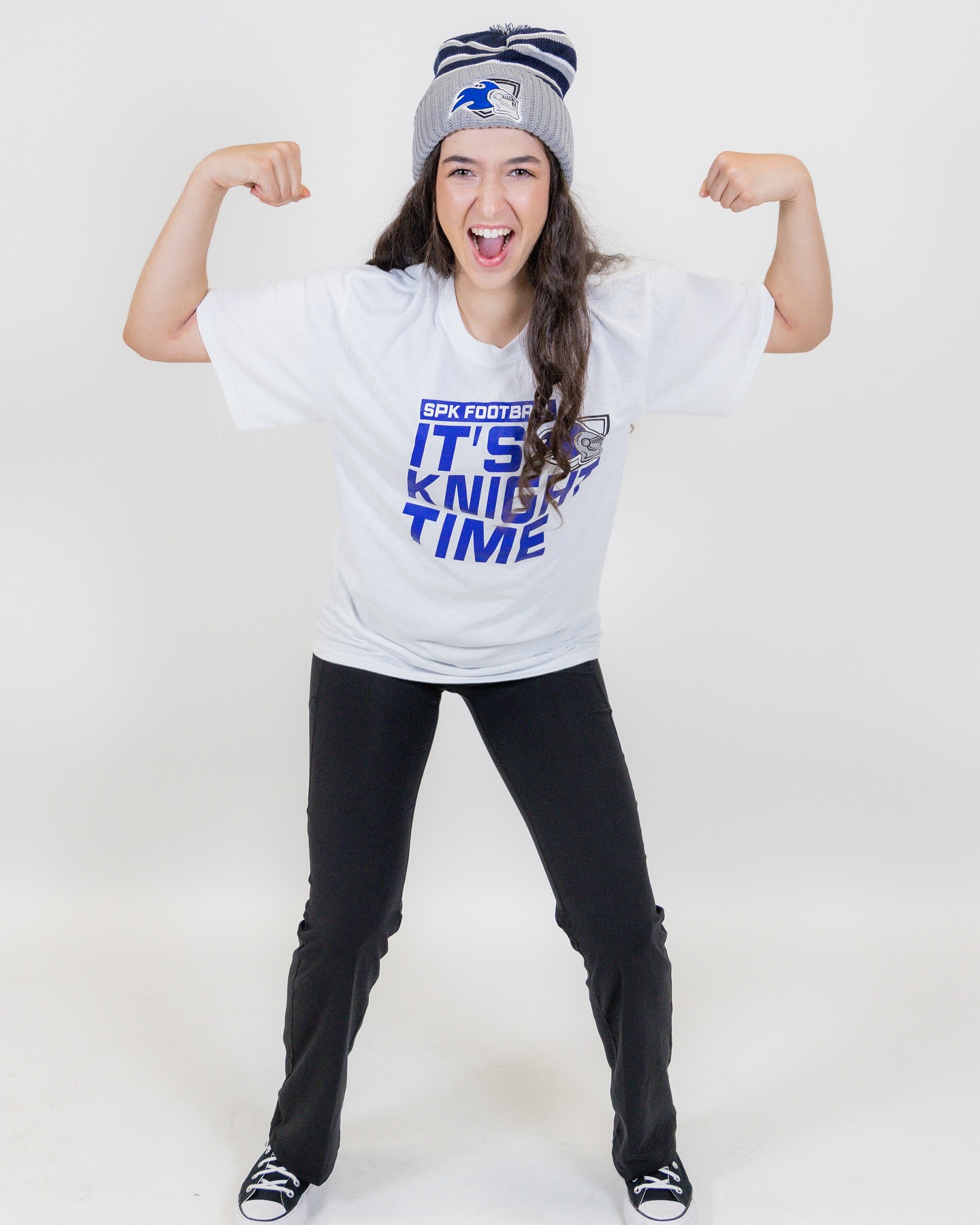 Team tee and custom knit toque.