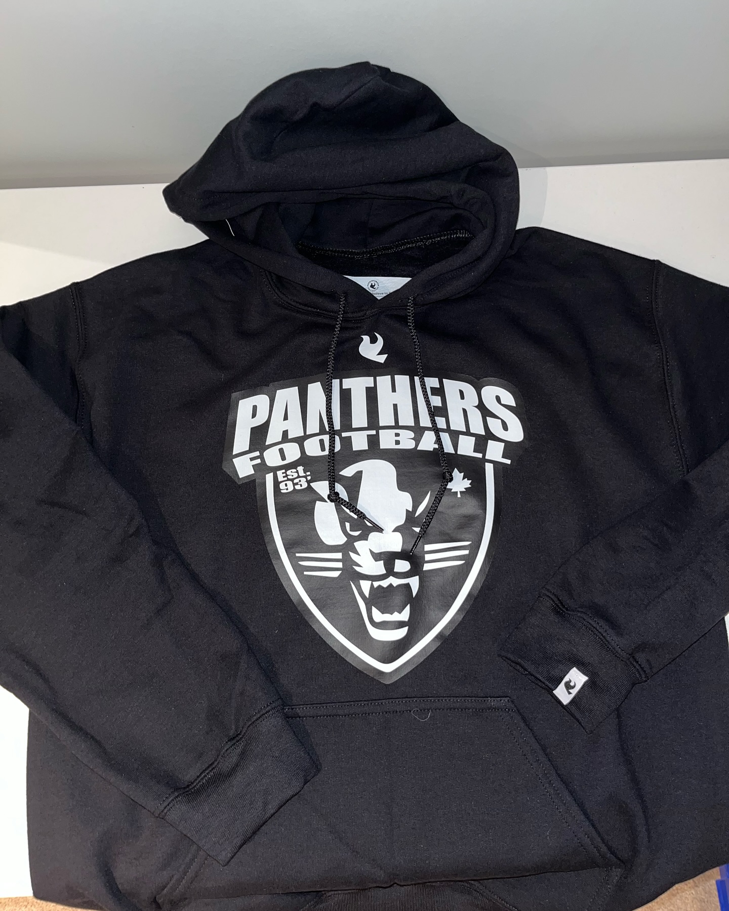 Custom hoodie with embroidered-look shield crest.