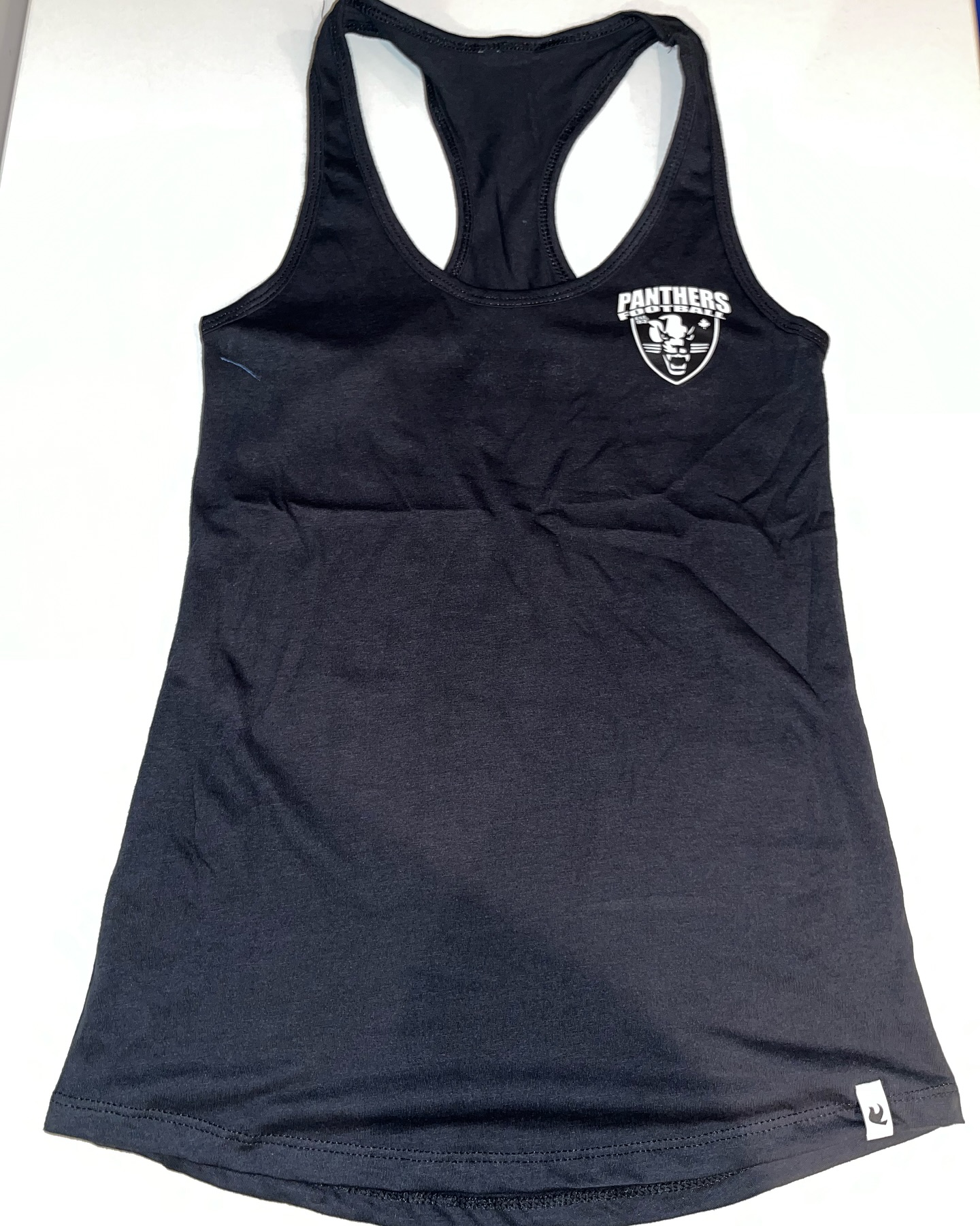 Women's racerback tank with crest print.