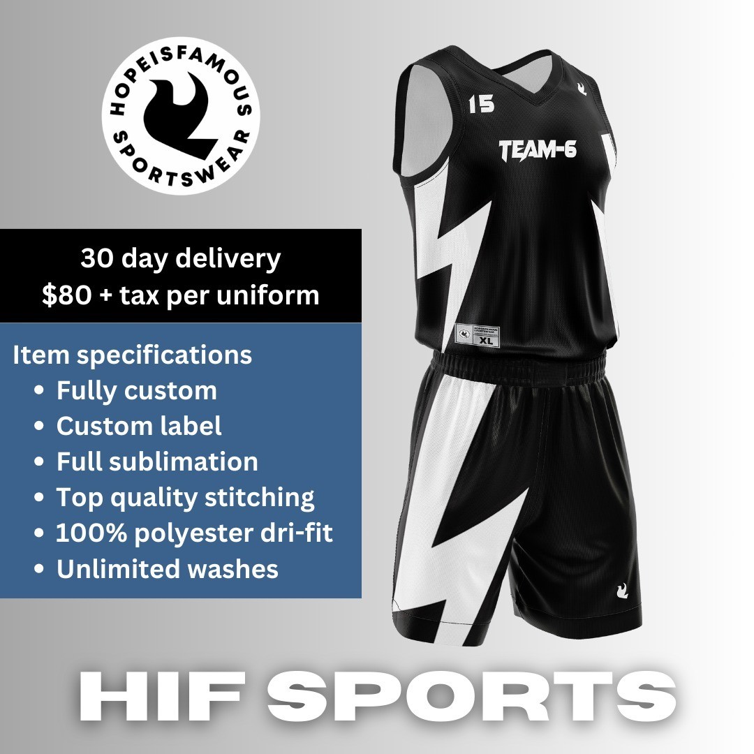 Fully sublimated uniform spec — custom label, dri-fit polyester.